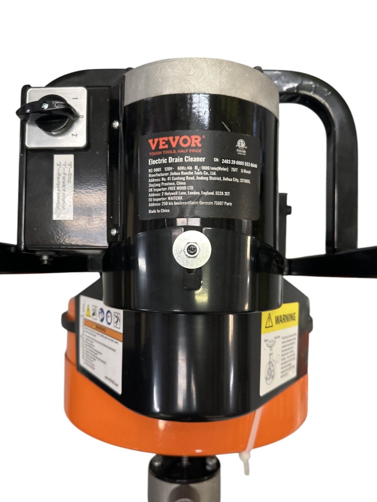 VEVOR Drain Cleaner Machine Electric Drain Auger 75" x 3/8" Auto Feed-OPEN BOX-
