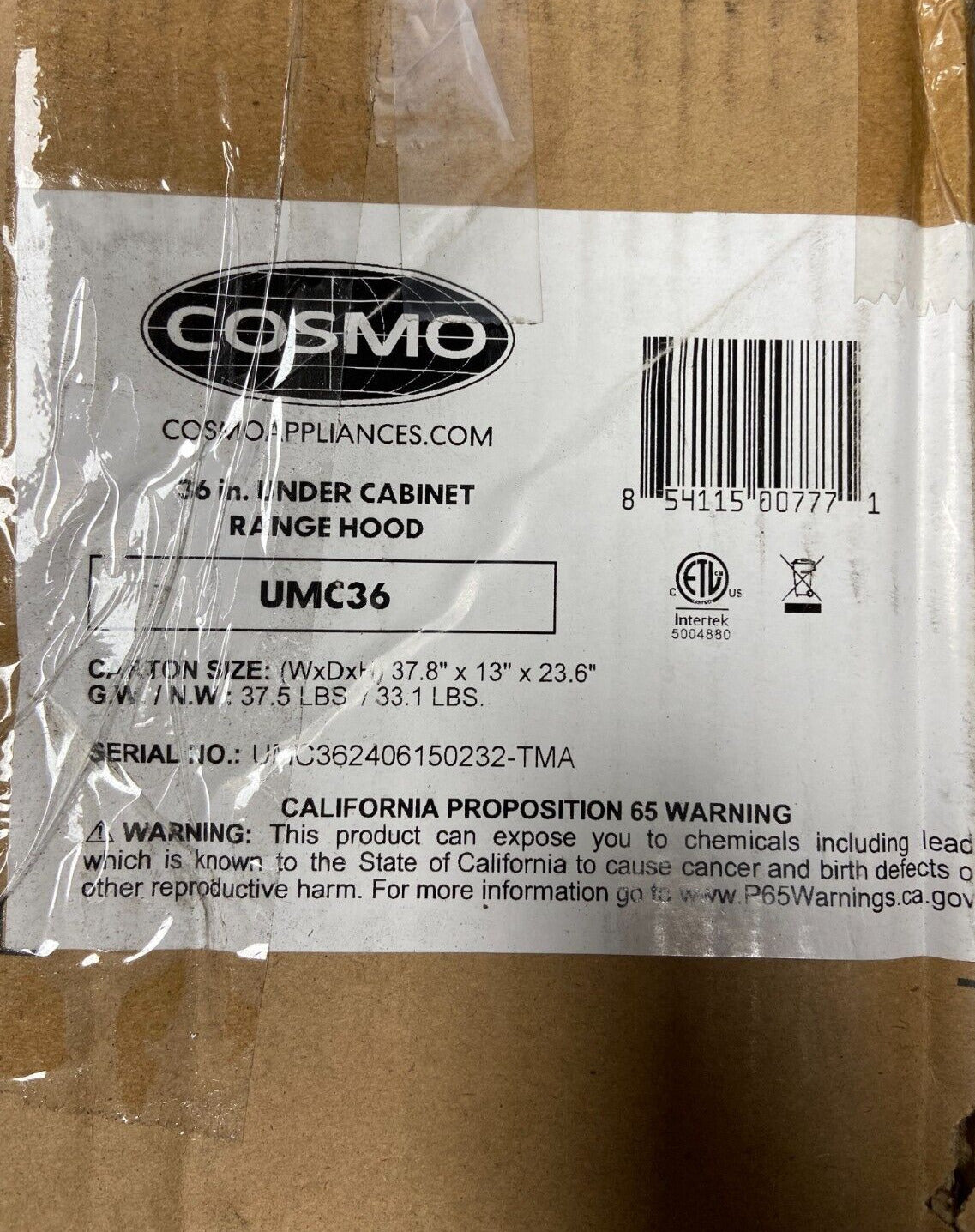 COSMO 36" Undercabinet Ducted Range Hood w/ Internal 380 CFM Blower UMC36