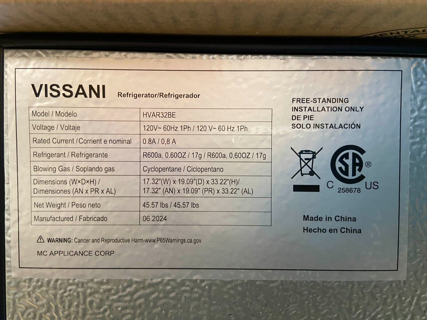 VISSANI 3.2 cu. ft. Mini Refrigerator in Black, Energy Star - HVAR32BE (Dented)