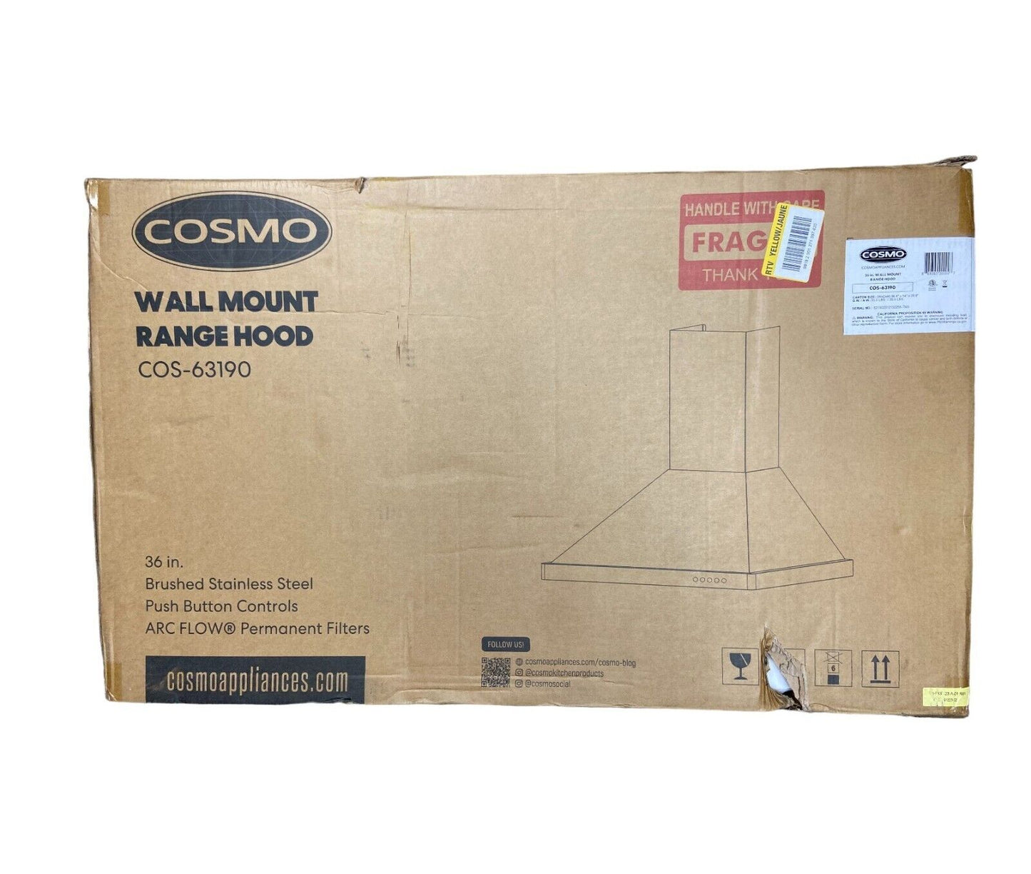 Cosmo Ducted Wall Range Hood 36" LED Lighted, Permanent Filters Stainless Steel