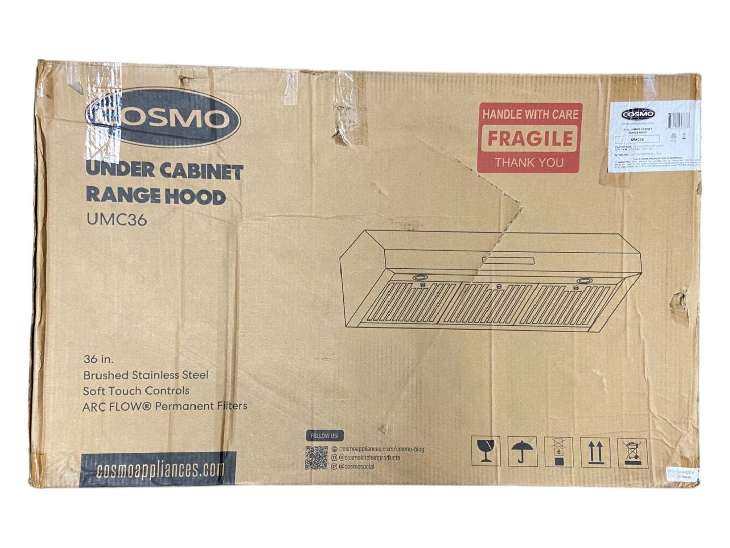 COSMO 36" Undercabinet Ducted Range Hood w/ Internal 380 CFM Blower UMC36