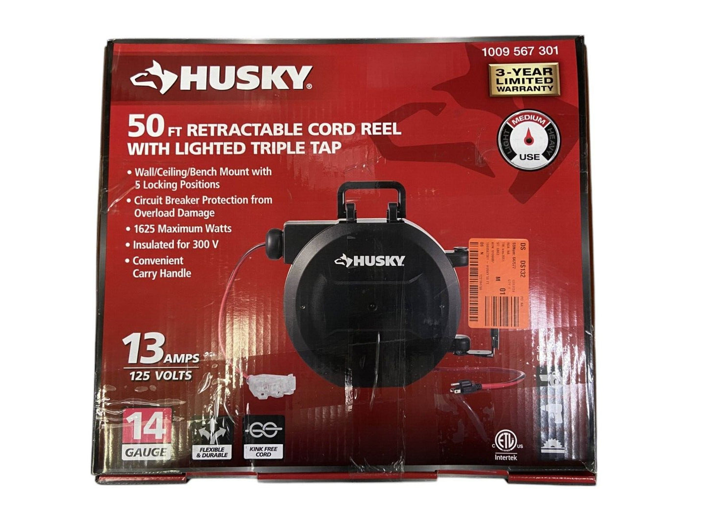 Husky LTS-XP001 50ft. Indoor Extension Cord Reel with Triple Tap, Black