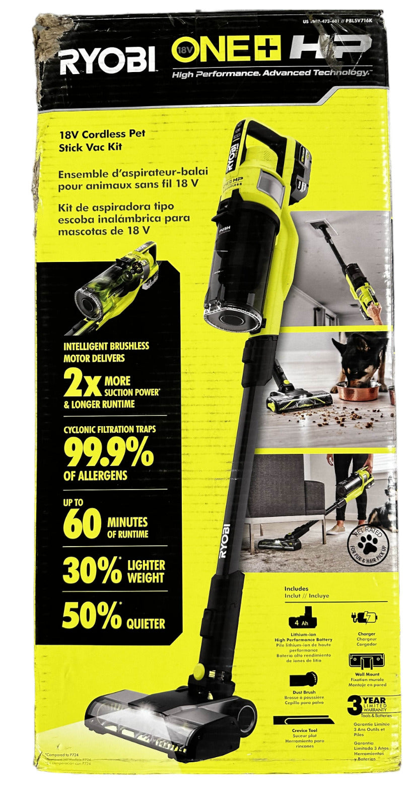 RYOBI PBLSV716B HP 18V Brushless Cordless Pet Stick Vacuum Cleaner (Tool Only)