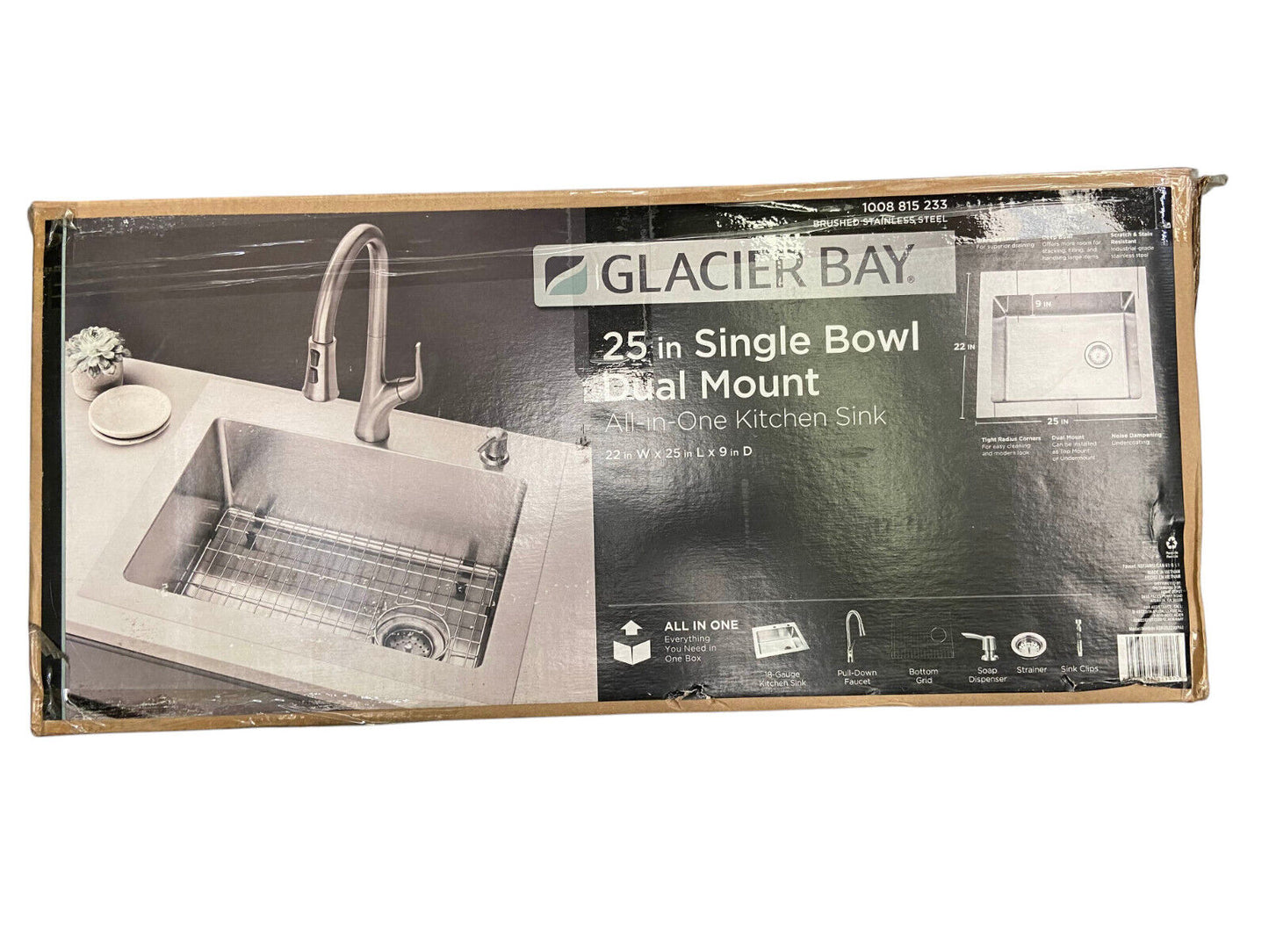 Glacier Bay 25" Single Bowl Dual Mount Kitchen Sink- No Faucet or Soap Dispenser