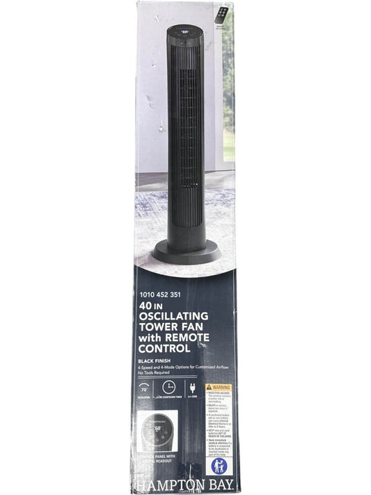 Hampton Bay 40" 3 Speed Oscillating Tower Fan in Black -MISSING REMOTE-