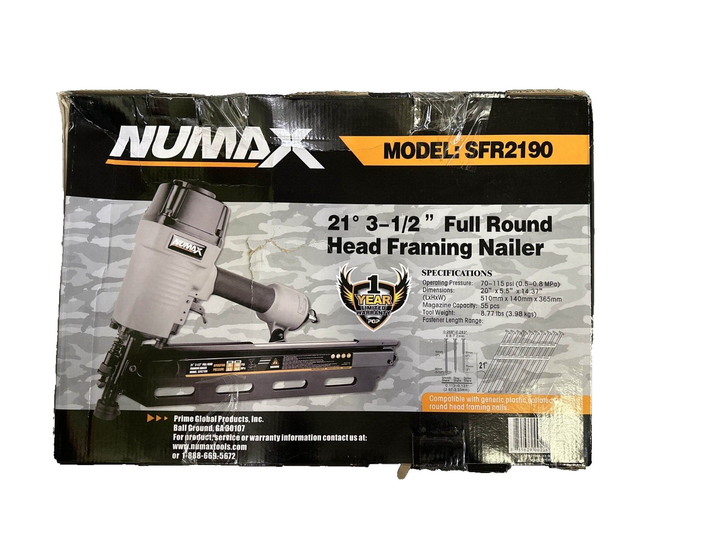 NuMax SFR2190 Pneumatic 21 Degree 3-1/2" Framing Nailer -OPEN BOX-