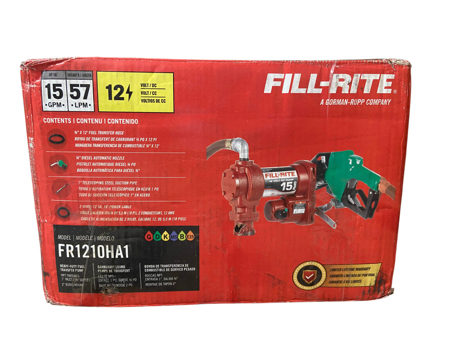 Fill-Rite FR1210HA1 12V 15 GPM Fuel Transfer Pump w/Discharge Hose & Automati...