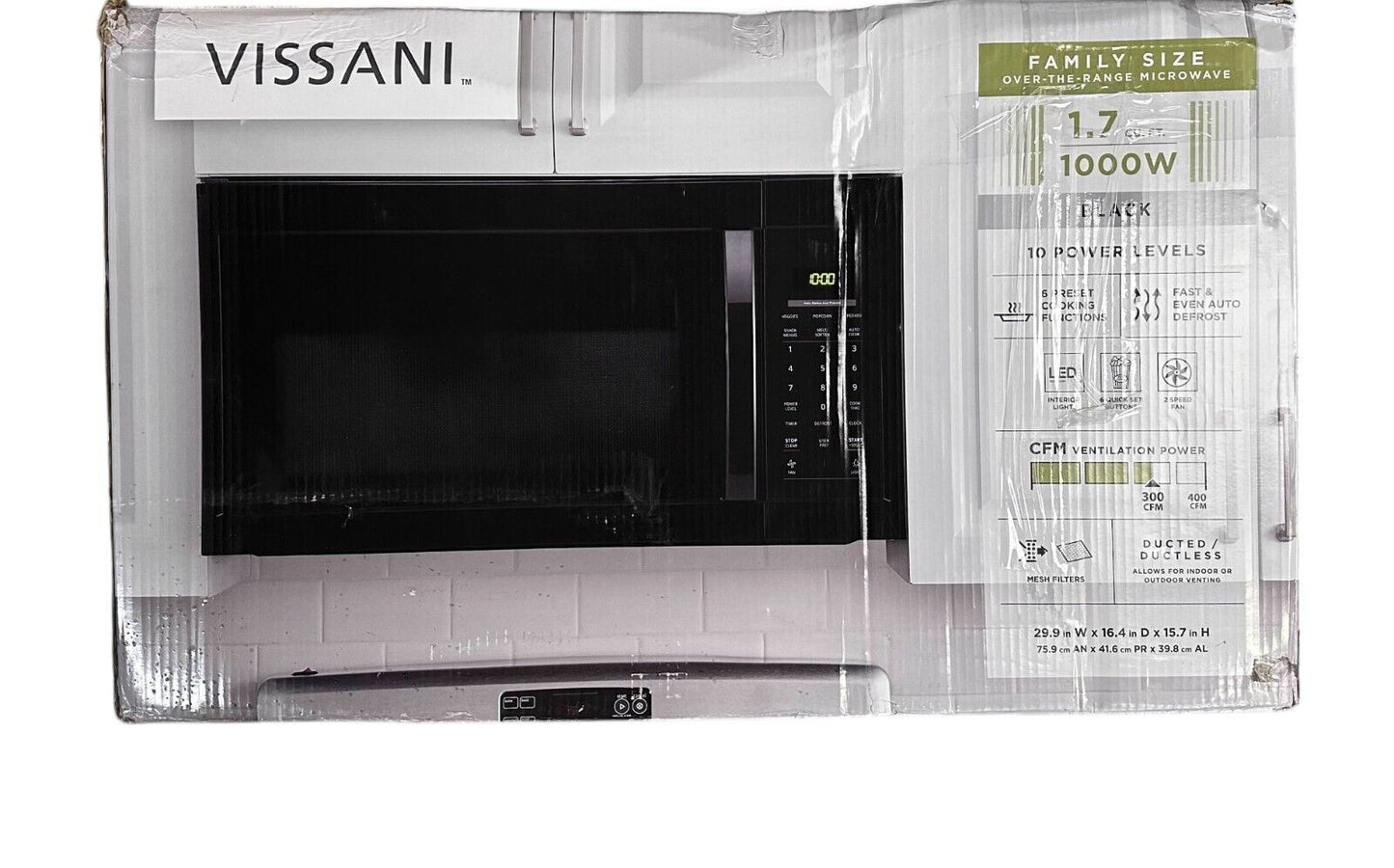 Vissani Over the Range Microwave 1.7cu.ft.1000-Watt W/10 in Black- DENT ON BACK