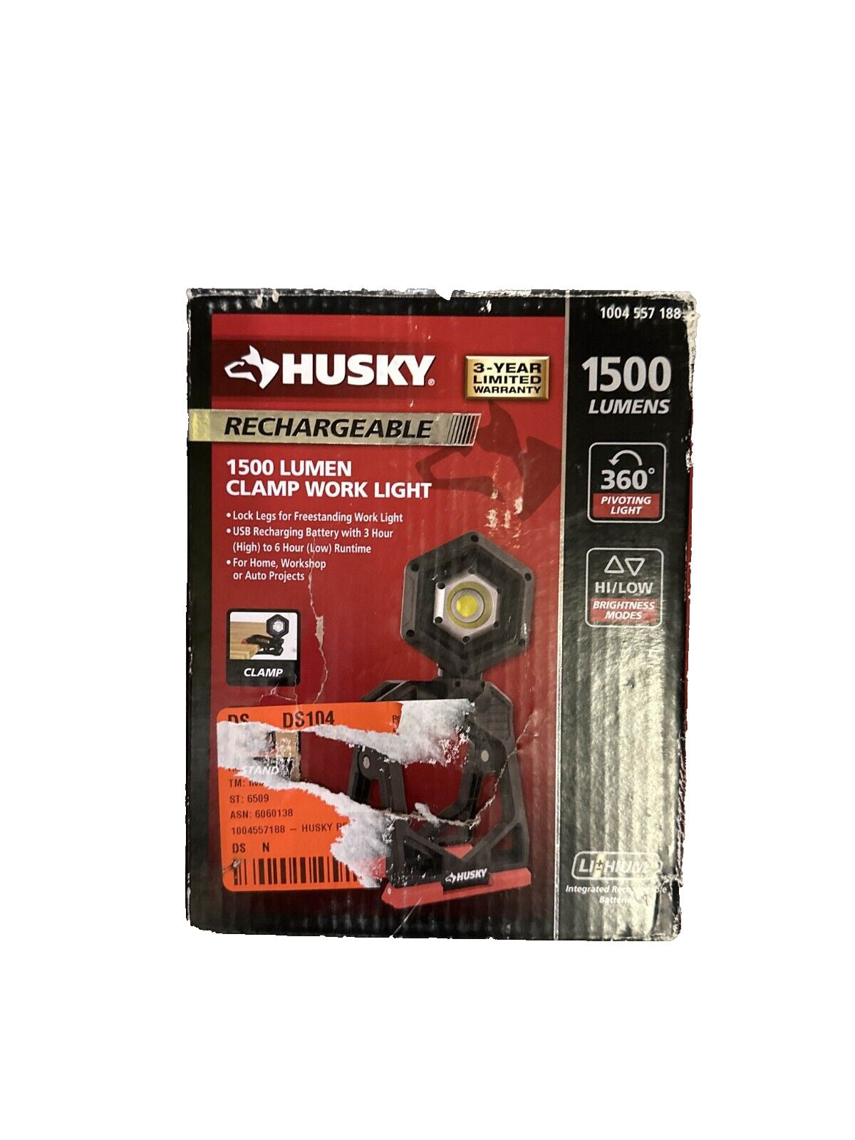 Husky Clamp LED Work Light 1500-Lumen Rechargeable Impact Resistant Cordless