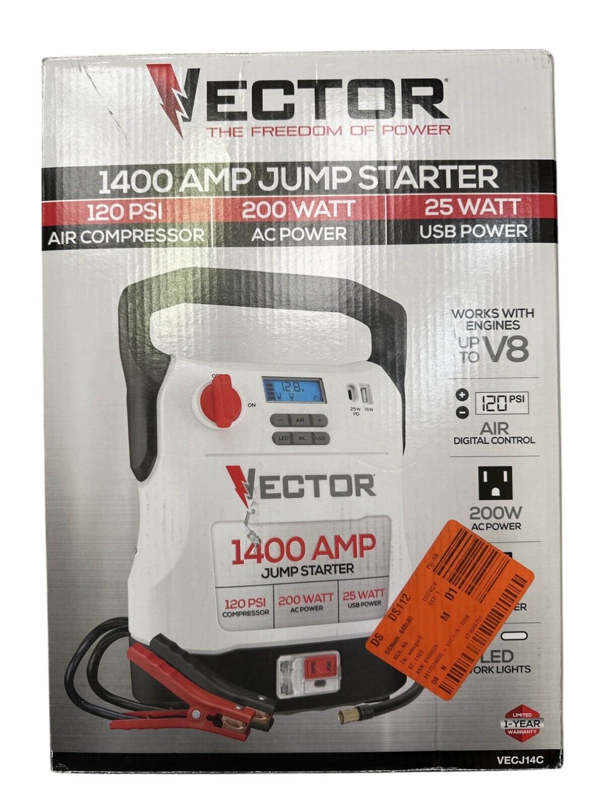VECTOR 1400 Amp Jump Starter Compressor USB and AC Power - VECJ14C