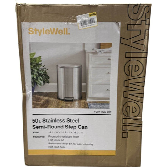 STYLEWELL 50L STAINLESS STEEL SEMI-ROUND STEP CAN -OPEN BOX-