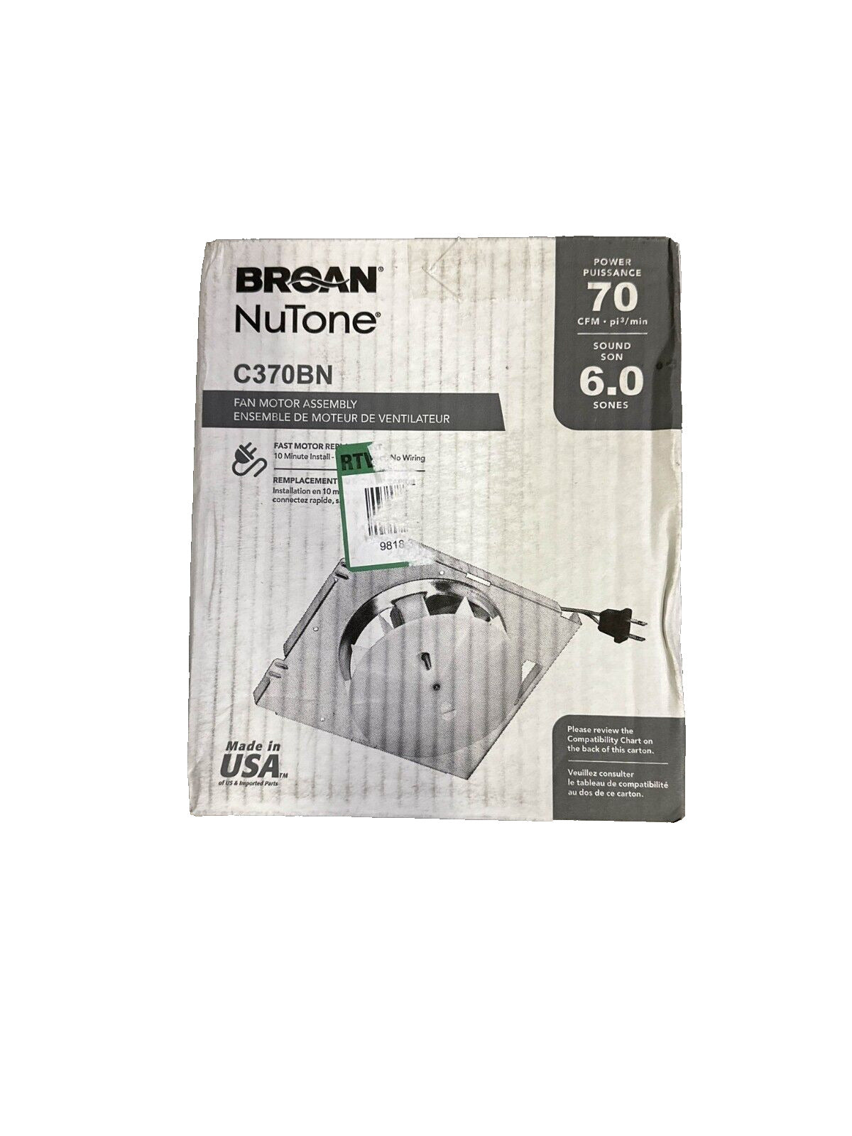 Broan-NuTone C370BN 70CFM 6.0 Sones Fan Motor Assembly -OPEN BOX-