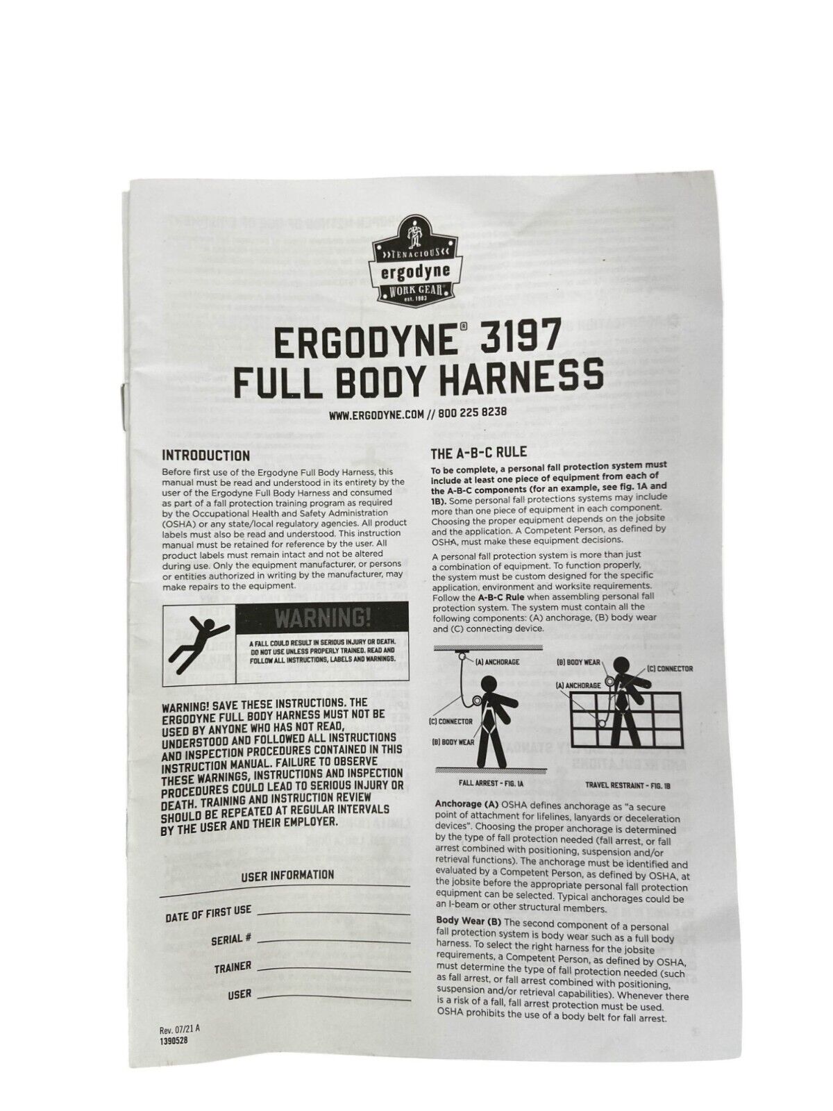 Ergodyne 3201 Personal Fall Restraint with Harness and Lanyard