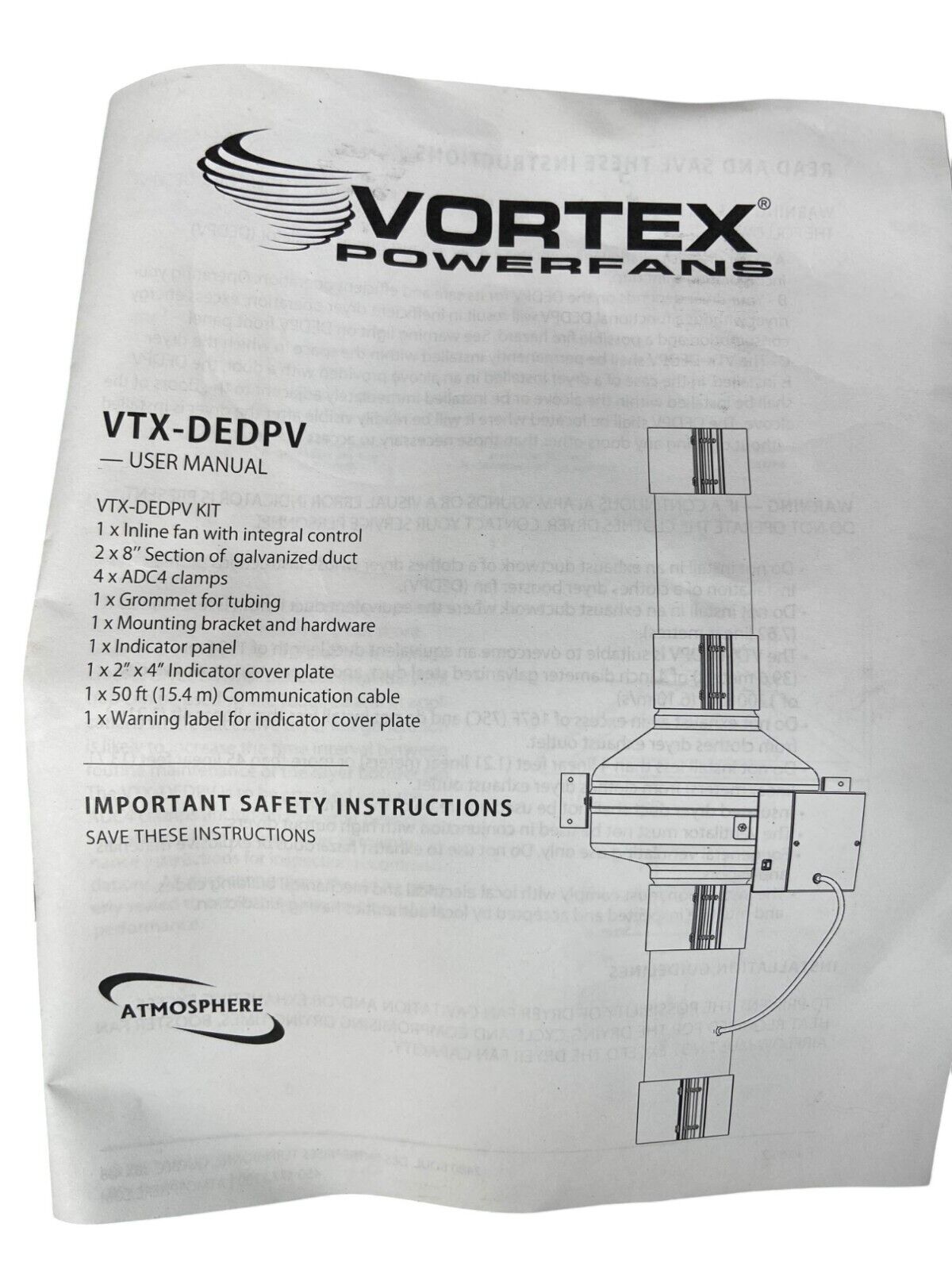 Vortex Atmosphere Clothes Dryer Exhaust Duct Power Ventilator VTX-DEDPV