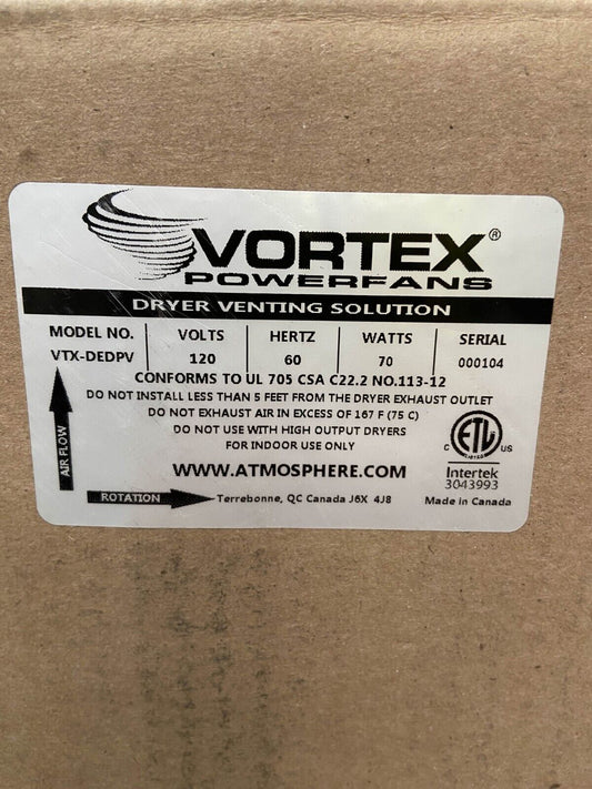 Vortex Atmosphere Clothes Dryer Exhaust Duct Power Ventilator VTX-DEDPV