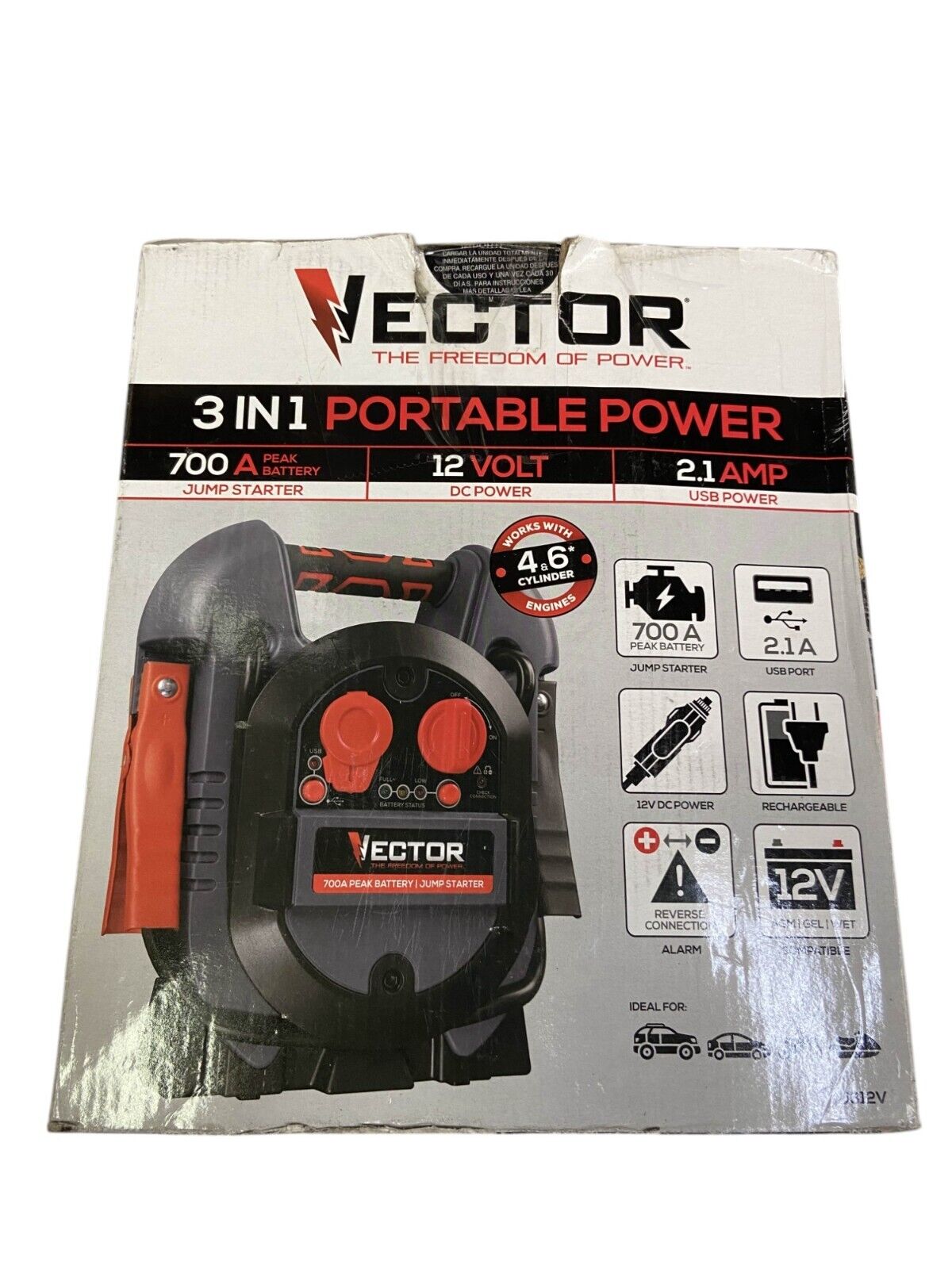 VECTOR 700 Peak Amp Jump Starter, 3 In 1 Portable Power USB 12 Volt Rechargeable