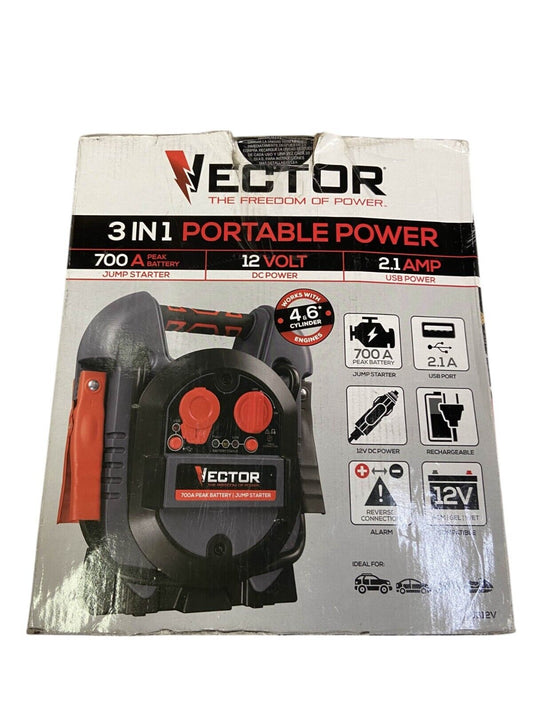 VECTOR 700 Peak Amp Jump Starter, 3 In 1 Portable Power USB 12 Volt Rechargeable